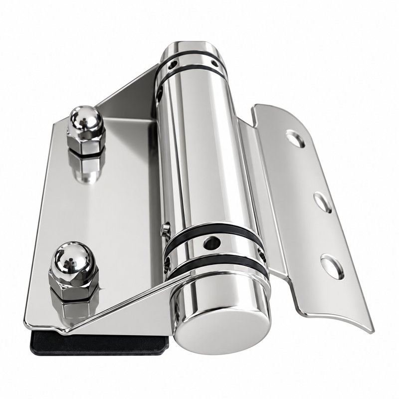 Curved-Leaf Pool Gate Hinge with Exposed Nuts — Polished silver appearance concept