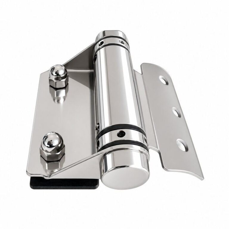 Curved-Leaf Pool Gate Hinge with Exposed Nuts — Polished silver appearance concept