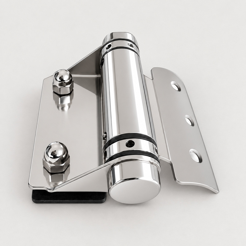 Curved-Leaf Pool Gate Hinge with Exposed Nuts — Polished silver appearance concept