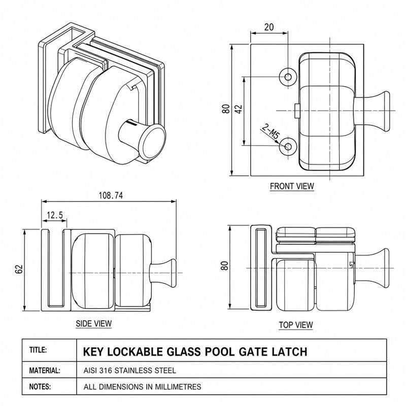 Black-Housing Corner Glass Pool Gate Latch