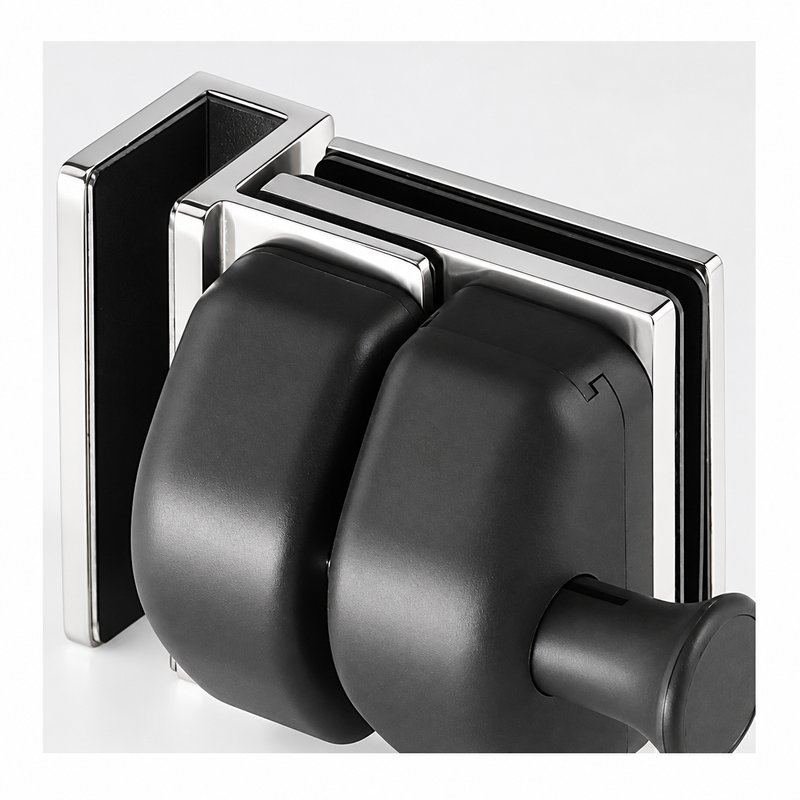 Black-Housing Corner Glass Pool Gate Latch — Black housing with polished silver bracket concept