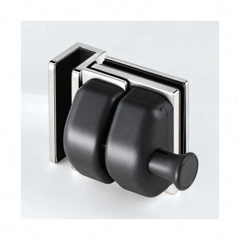 Black-Housing Corner Glass Pool Gate Latch — Black housing with polished silver bracket concept