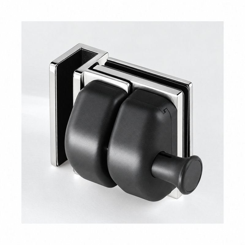 Black-Housing Corner Glass Pool Gate Latch — Black housing with polished silver bracket concept