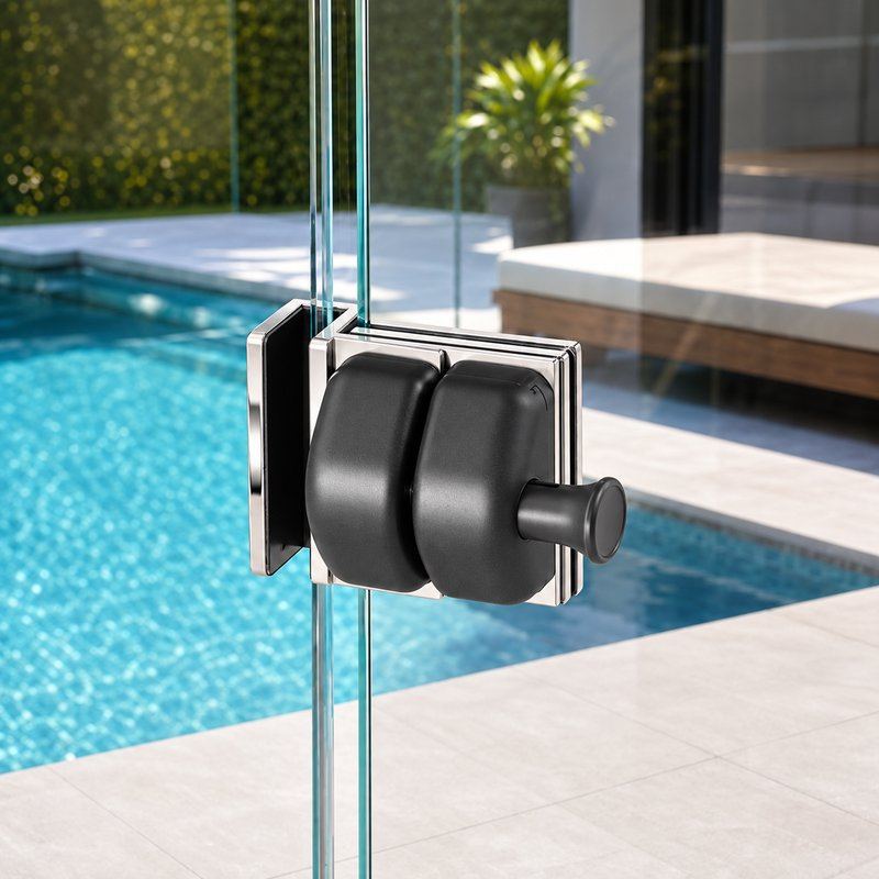 Black-Housing Corner Glass Pool Gate Latch — Black housing with polished silver bracket concept