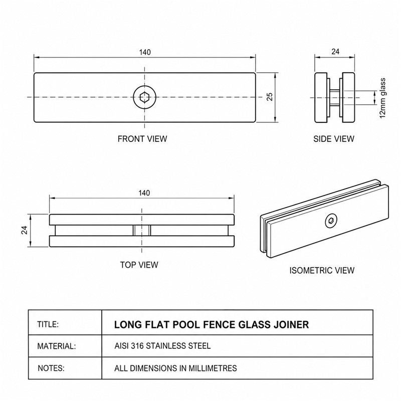 Long Flat Glass Pool Fence Joiner