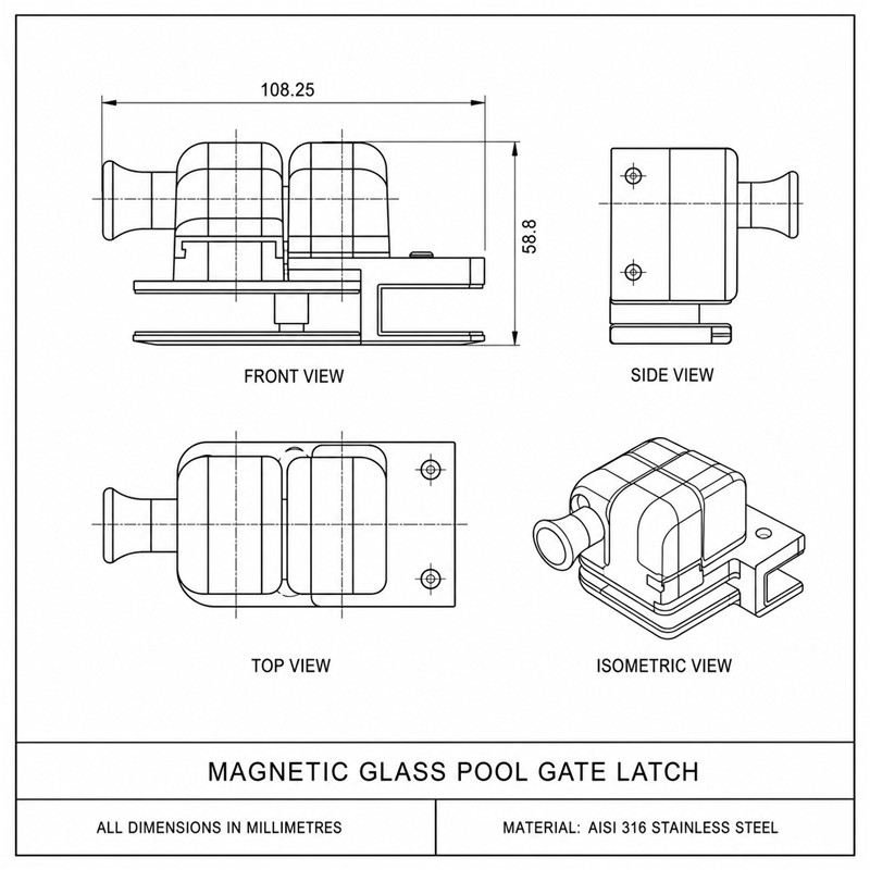 Inline Glass Pool Gate Latch with Metal Housing