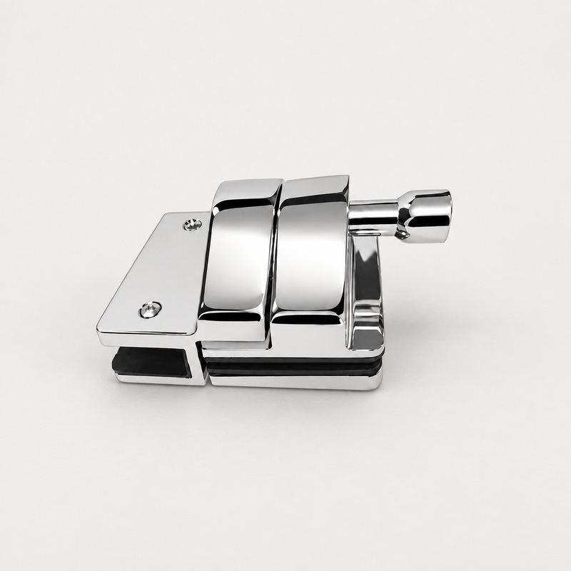 Inline Glass Pool Gate Latch with Metal Housing — Polished silver appearance concept