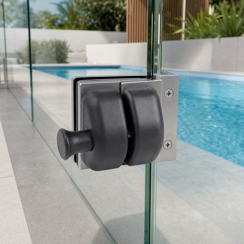 Black-Housing Glass Pool Gate Latch with Corner Brackets