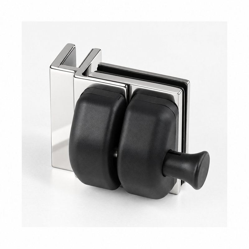 Black-Housing Corner Glass Pool Gate Latch — Black housing with polished silver bracket concept