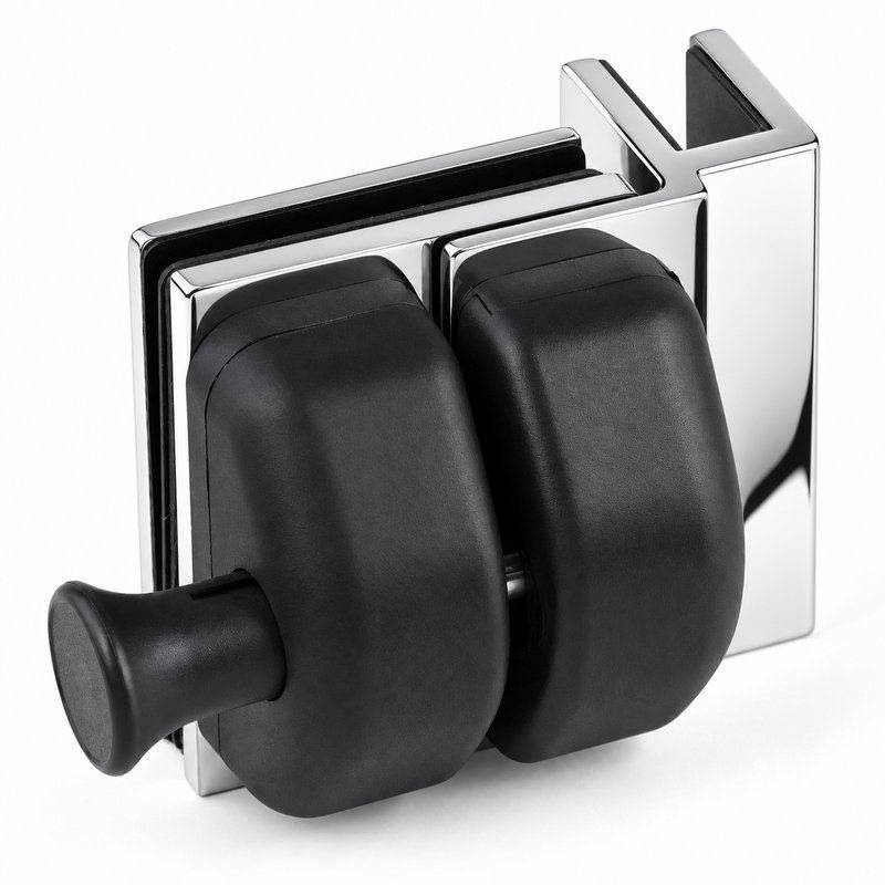 Black-Housing Corner Glass Pool Gate Latch — Black housing with polished silver bracket concept