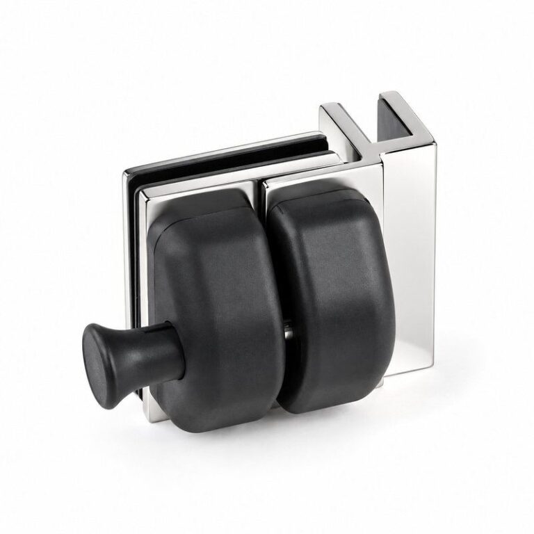 Black-Housing Corner Glass Pool Gate Latch — Black housing with polished silver bracket concept