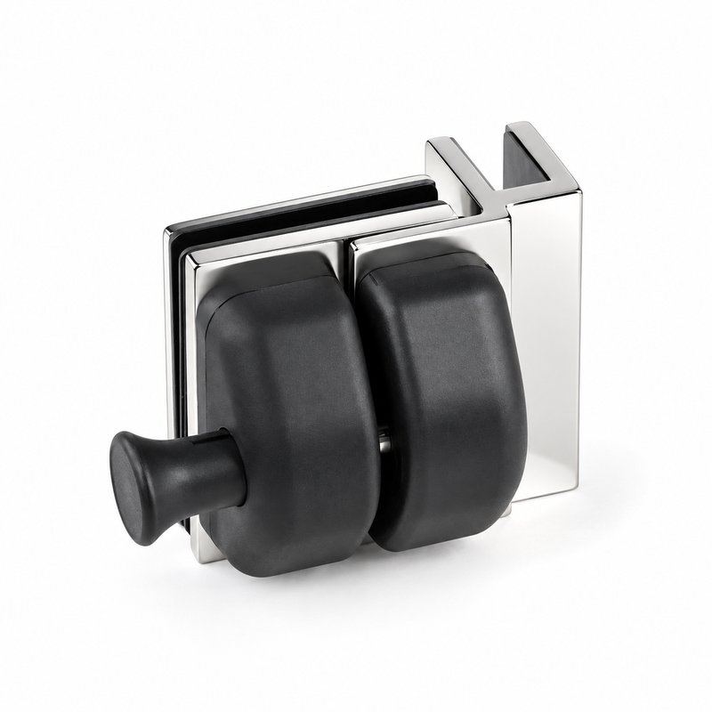 Black-Housing Corner Glass Pool Gate Latch — Black housing with polished silver bracket concept