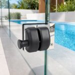 Black-Housing Corner Glass Pool Gate Latch — Black housing with polished silver bracket concept
