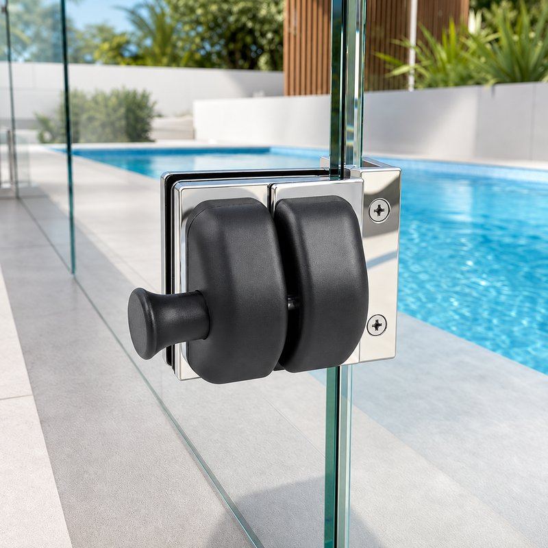 Black-Housing Corner Glass Pool Gate Latch — Black housing with polished silver bracket concept