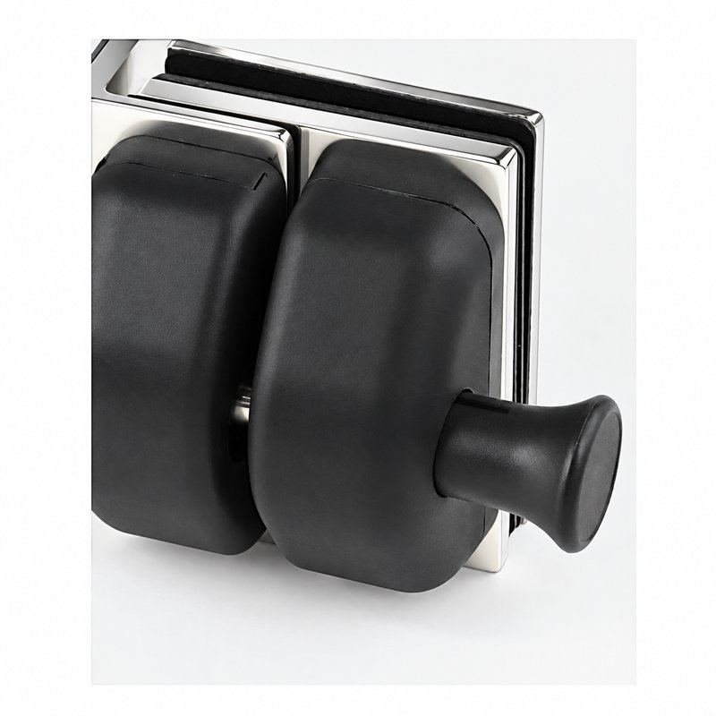 Black-Housing Corner Glass Pool Gate Latch — Black housing with polished silver bracket concept