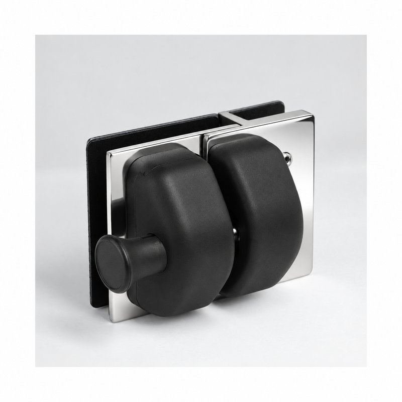 Black-Housing Inline Glass Pool Gate Latch — Black housing with polished silver bracket concept