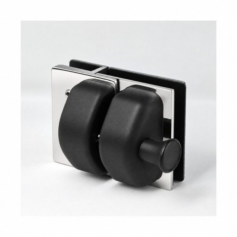 Black-Housing Inline Glass Pool Gate Latch — Black housing with polished silver bracket concept