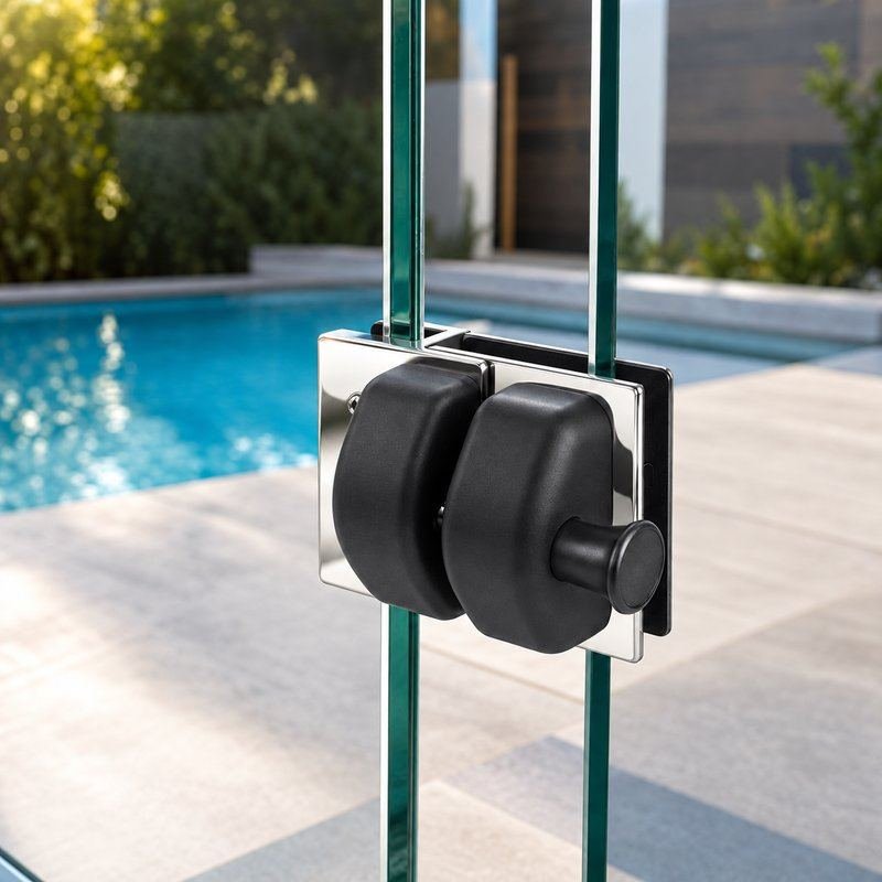 Black-Housing Inline Glass Pool Gate Latch — Black housing with polished silver bracket concept
