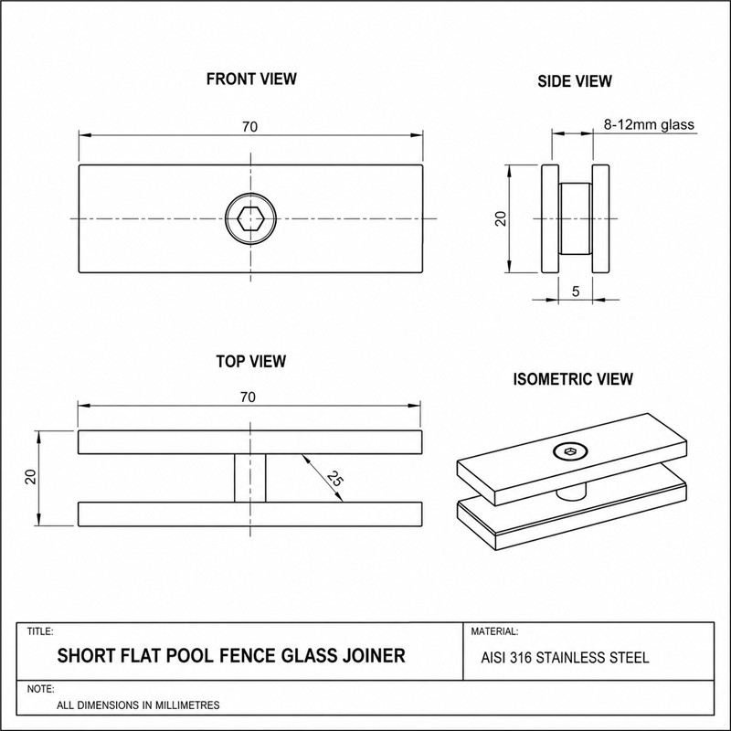 Short Flat Glass Pool Fence Joiner