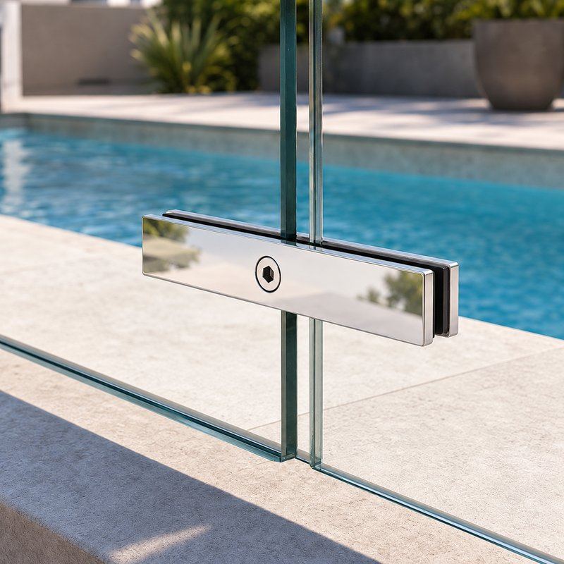 Short Flat Glass Pool Fence Joiner — Polished silver appearance concept