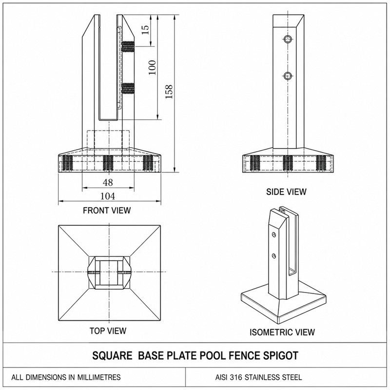 Square Cover-Plate Glass Pool Fence Spigot