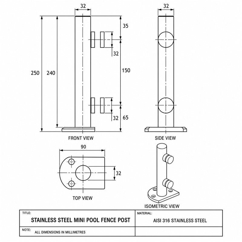 Mini Pool Fence Post with Round Glass Fixings