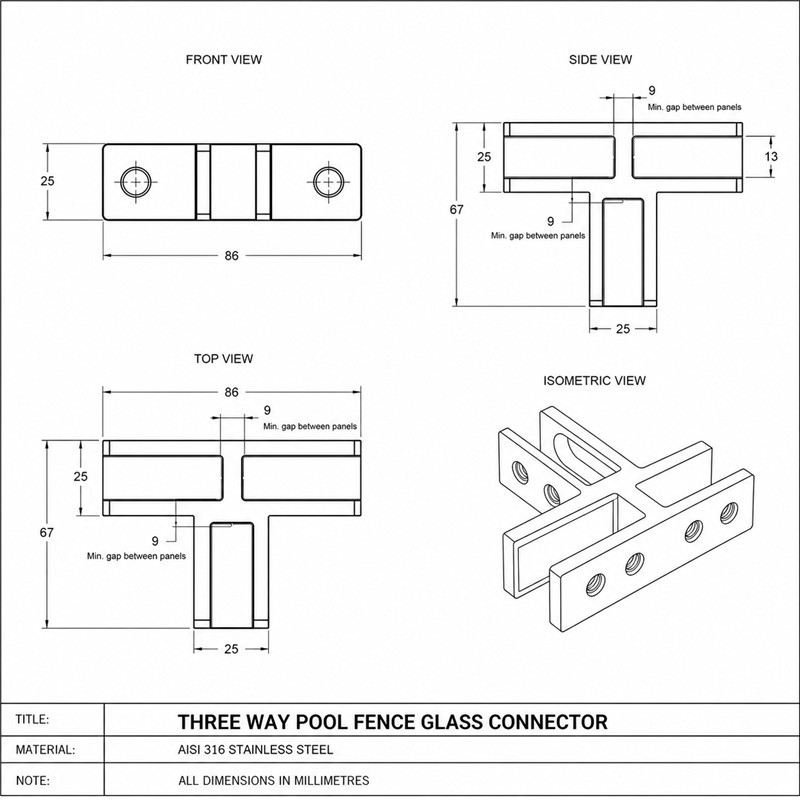 Three-Way Glass Pool Fence Connector