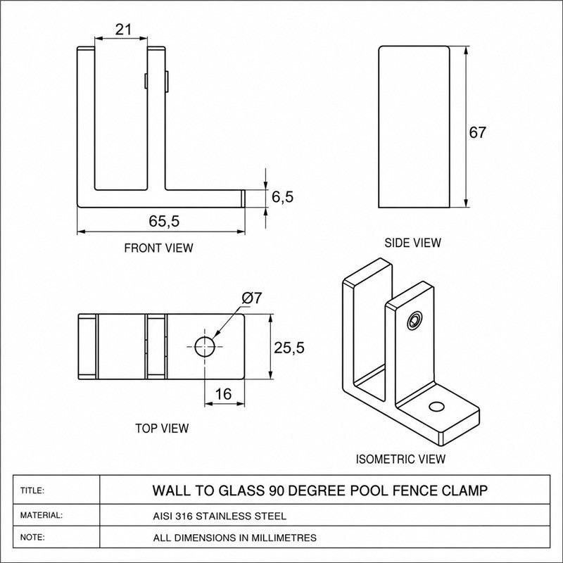 Right-Angle Wall-to-Glass Pool Fence Clamp