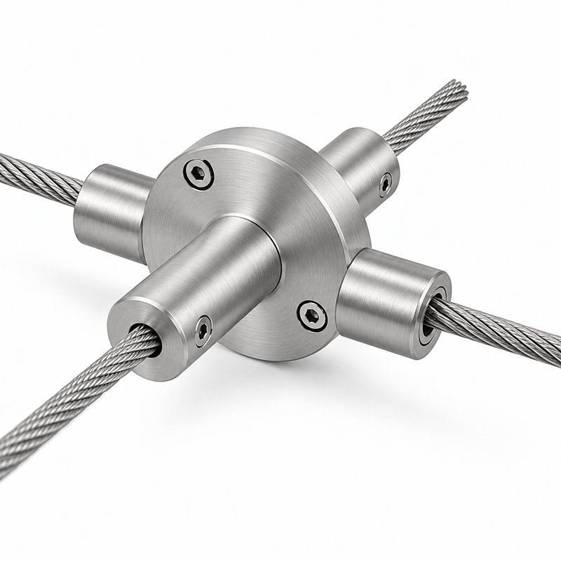 Four Way Cable Cross Connector — Fine brushed silver appearance