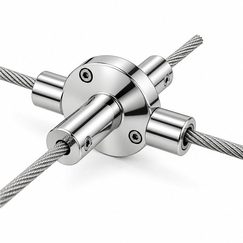 Four Way Cable Cross Connector — Polished silver appearance