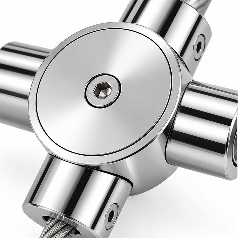 Four Way Cable Cross Connector — Polished silver appearance