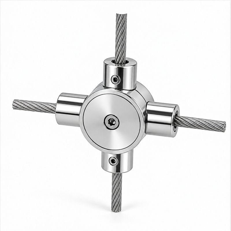 Four Way Cable Cross Connector — Polished silver appearance