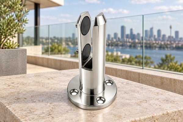 Silver glass railing spigot on a stone terrace with a glass balustrade background