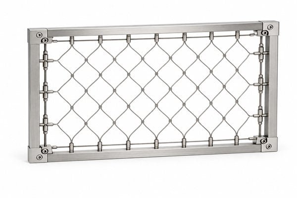 Perimeter Tensioned Cable Net Panel — Fine brushed silver appearance - product reference