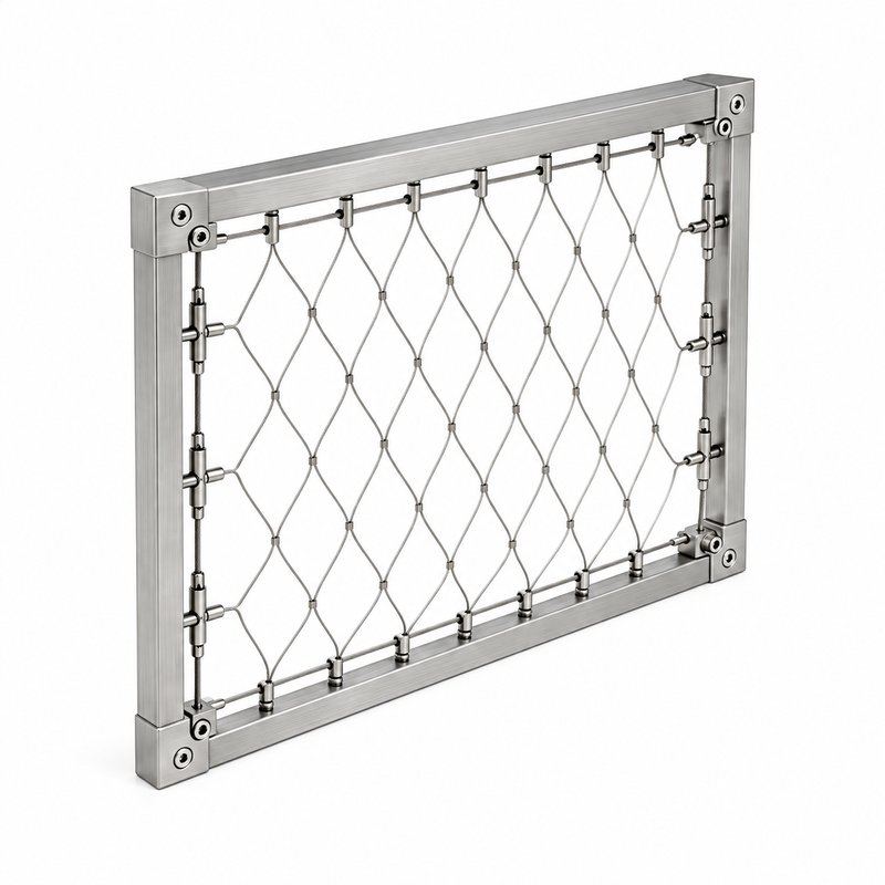 Perimeter Tensioned Cable Net Panel — Fine brushed silver appearance