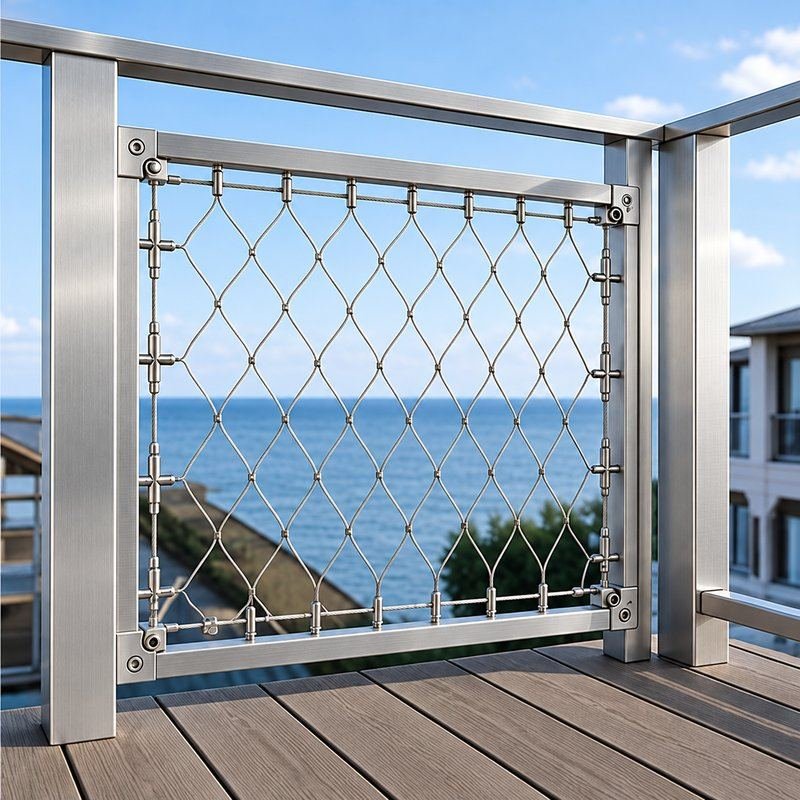 Perimeter Tensioned Cable Net Panel — Fine brushed silver appearance