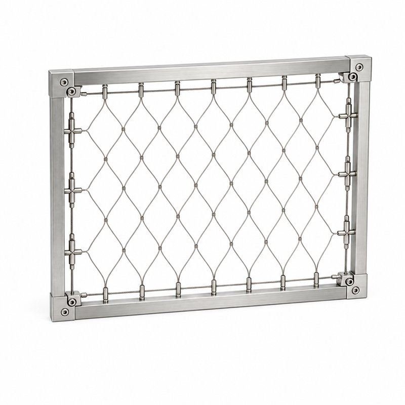 Perimeter Tensioned Cable Net Panel — Fine brushed silver appearance
