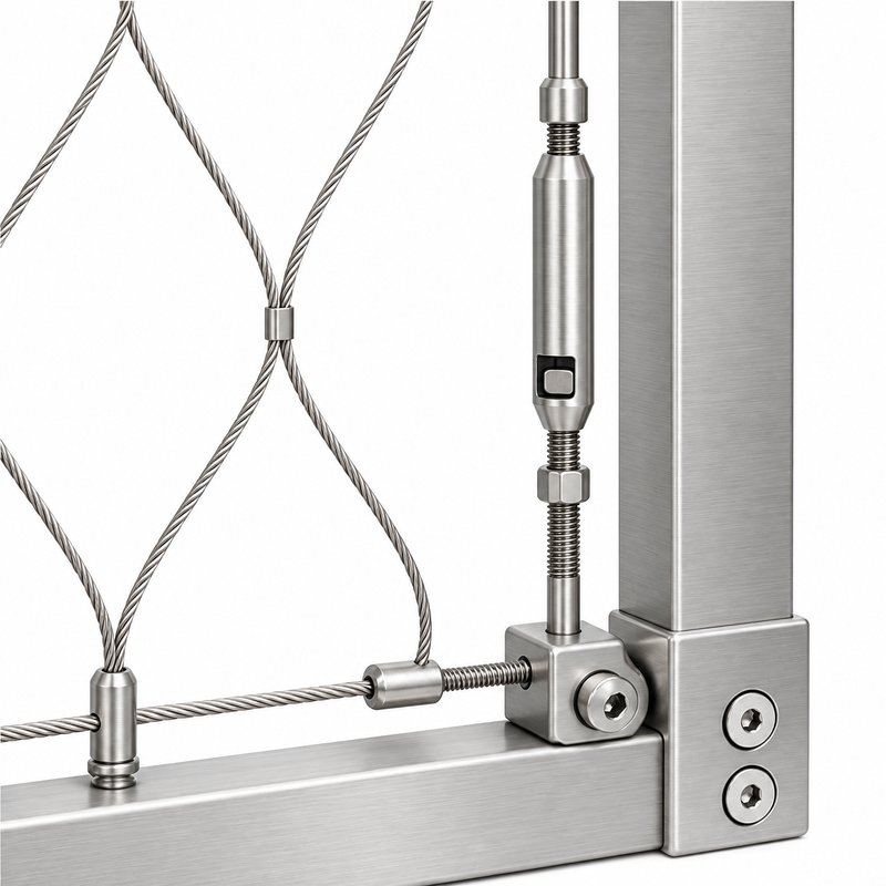Perimeter Tensioned Cable Net Panel — Fine brushed silver appearance
