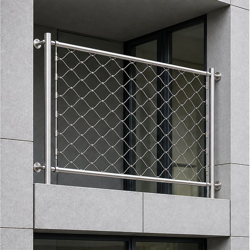 Round Post Cable Mesh Frame — Fine brushed silver appearance