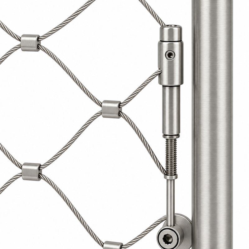 Round Post Cable Mesh Frame — Fine brushed silver appearance