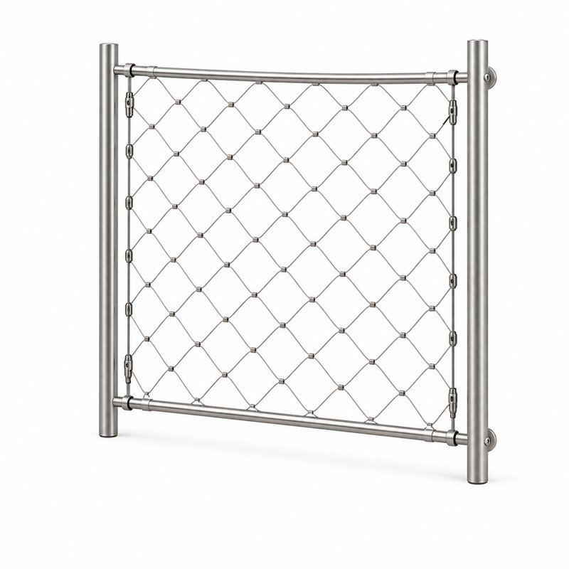 Round Post Cable Mesh Frame — Fine brushed silver appearance
