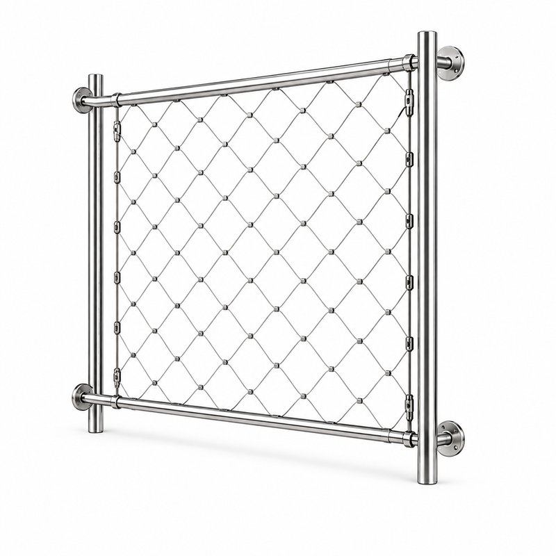 Round Post Cable Mesh Frame — Polished silver appearance