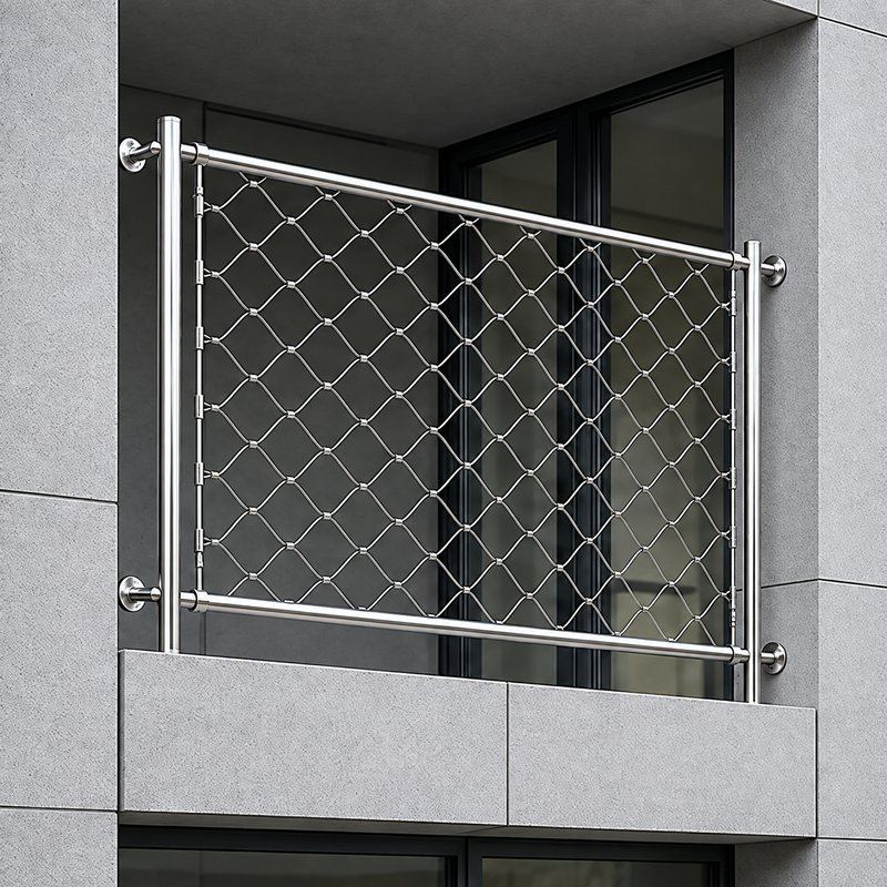 Round Post Cable Mesh Frame — Polished silver appearance