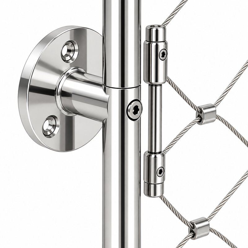 Round Post Cable Mesh Frame — Polished silver appearance