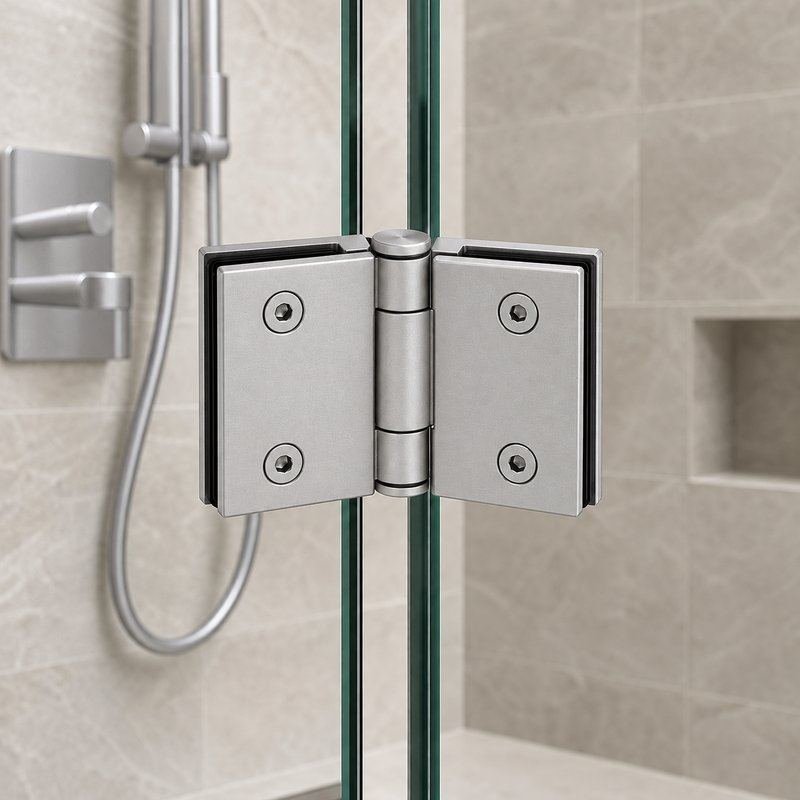 Matte Silver Double-Action Glass Shower Door Hinge — Finish Concept