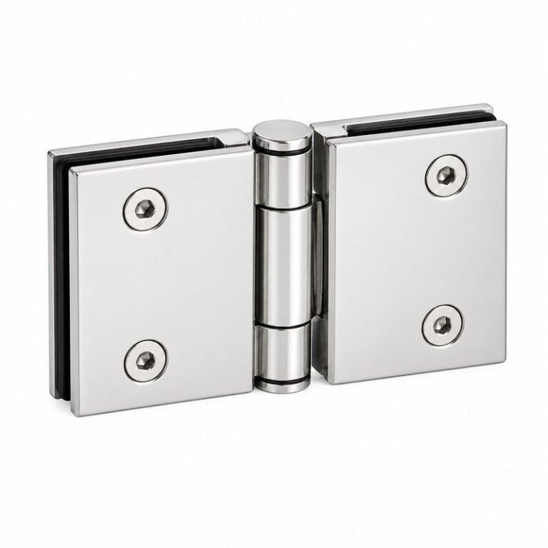 Polished Silver Double-Action Glass Shower Door Hinge — Finish Concept
