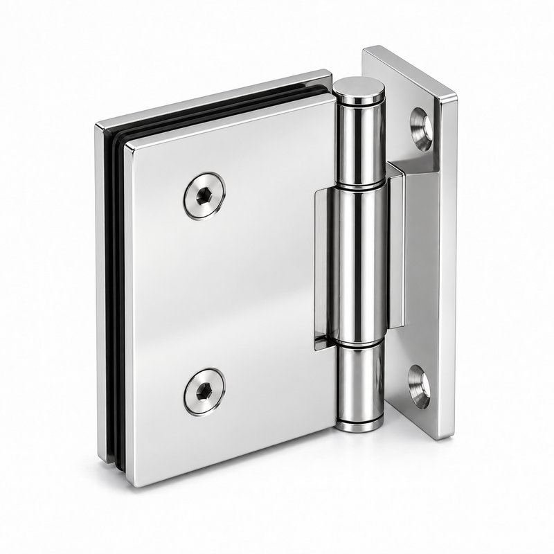 Polished Silver Self-Closing Glass Shower Door Hinge — Finish Concept