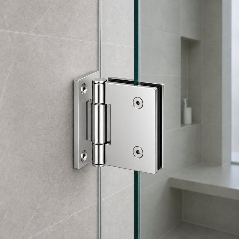 Polished Silver Self-Closing Glass Shower Door Hinge — Finish Concept