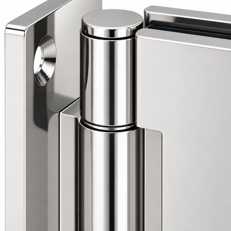 Polished Silver Self-Closing Glass Shower Door Hinge — Finish Concept