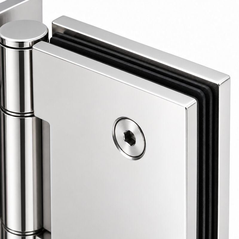 Polished Silver Self-Closing Glass Shower Door Hinge — Finish Concept